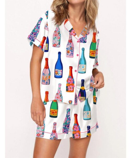 Floral Champagne Bottle Pajama Set For Women
