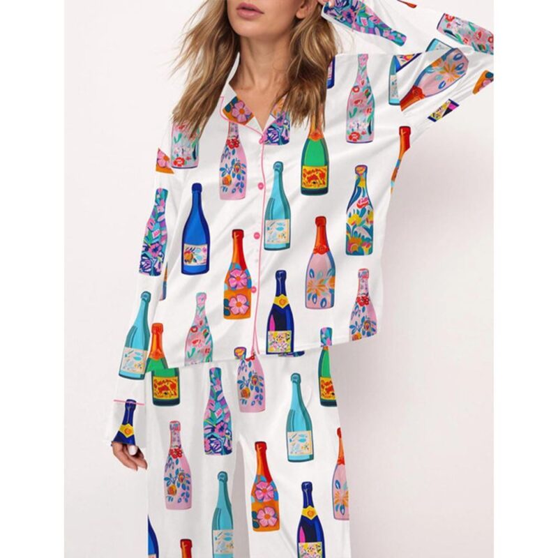 Floral Champagne Bottle Pajama Set For Women - Image 2