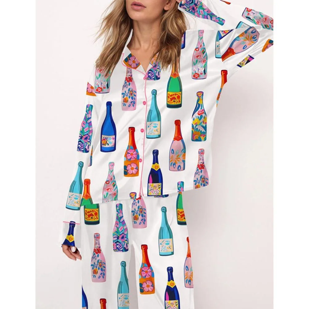 Floral Champagne Bottle Pajama Set For Women - Image 2