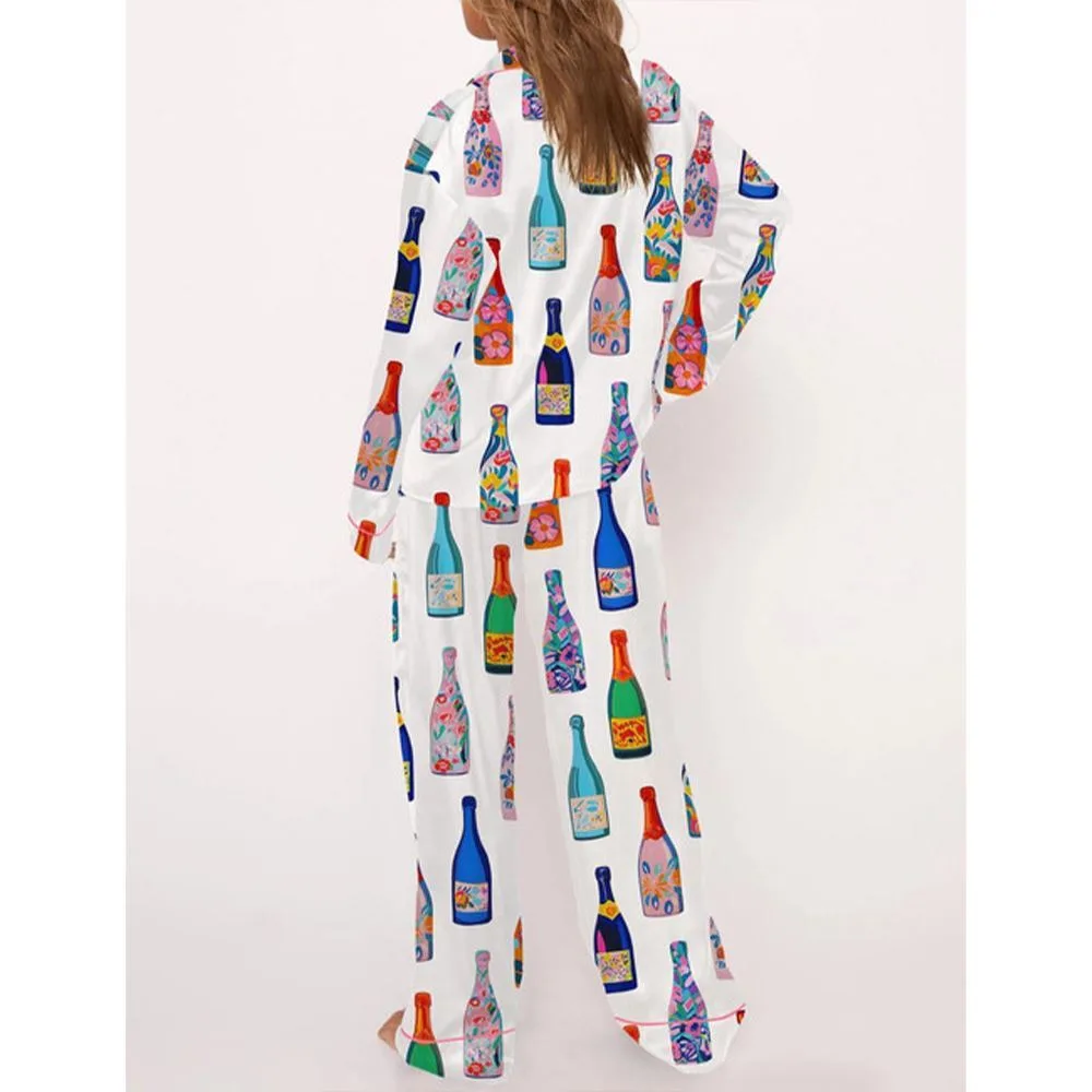 Floral Champagne Bottle Pajama Set For Women - Image 3