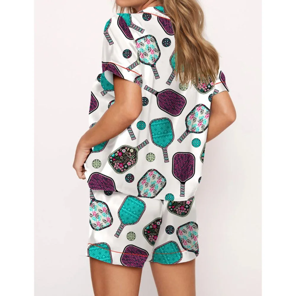 Flowers Pickleball Satin Pajama Set For Women - Image 2