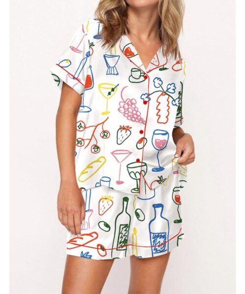 Food And Drinks Satin Pajama Set For Women