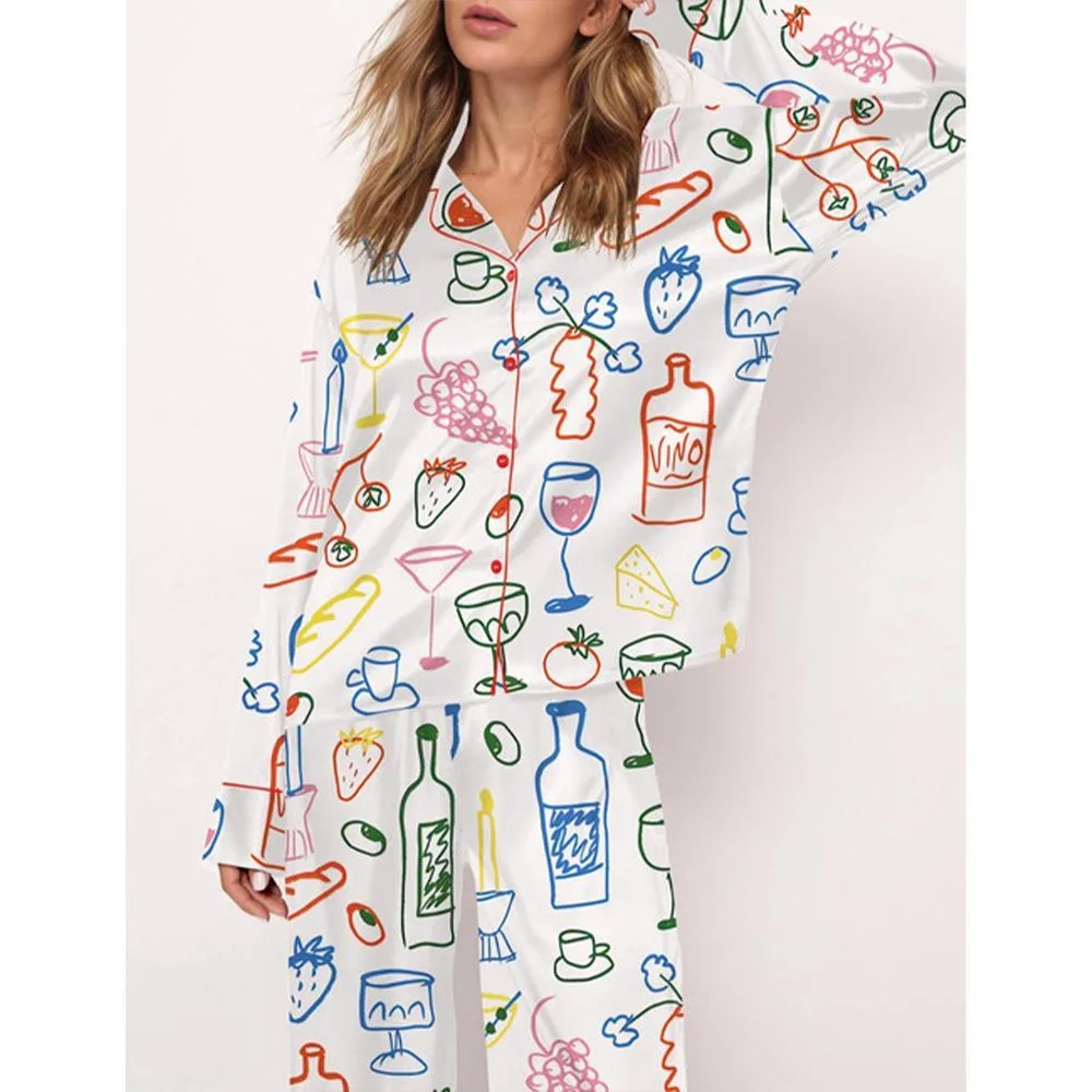 Food And Drinks Satin Pajama Set For Women - Image 2