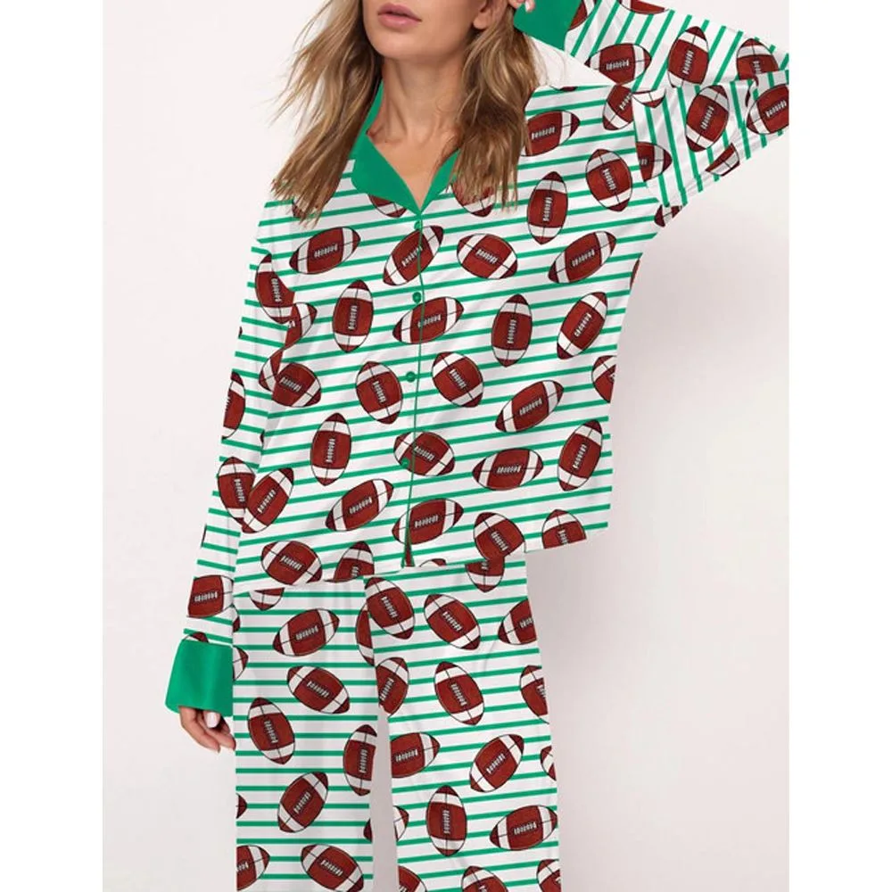 Football Stripes Satin Pajama Set For Women - Image 3