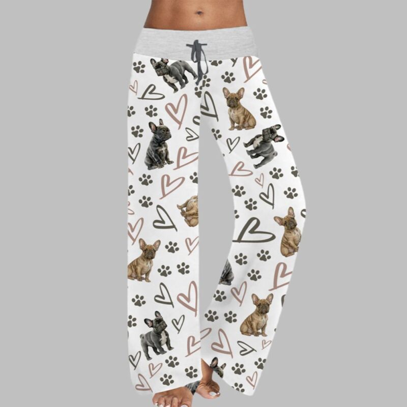 French Bulldog Hearts Contrast Wide Leg Pants For Women - Image 2