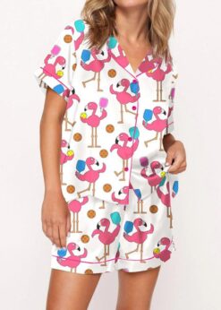 Funny Flamingo Pickleball Satin Pajama Set For Women