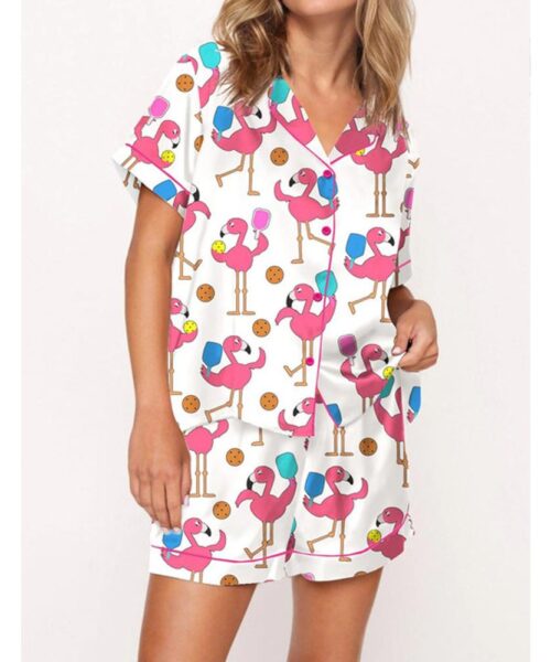 Funny Flamingo Pickleball Satin Pajama Set For Women