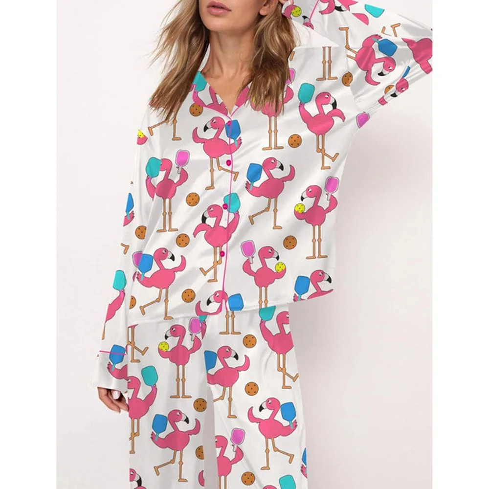 Funny Flamingo Pickleball Satin Pajama Set For Women - Image 3