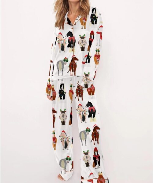Funny Horse Christmas Satin Pajama Set For Women