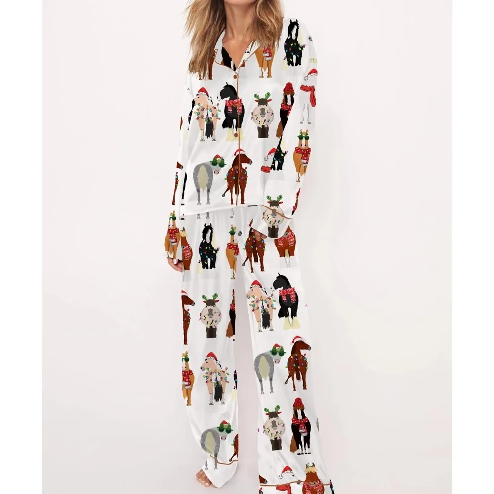 Funny Horse Christmas Satin Pajama Set For Women