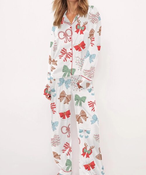 Girly Coquette Christmas Satin Pajama Set For Women