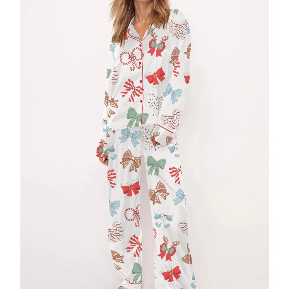 Girly Coquette Christmas Satin Pajama Set For Women