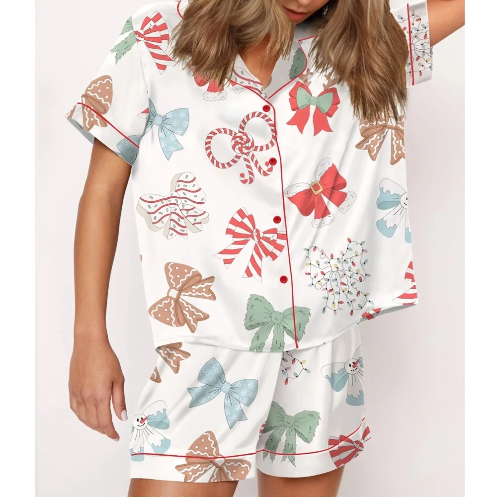 Girly Coquette Christmas Satin Pajama Set For Women - Image 2