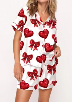 Glitter Heart Valentine Satin Pajama Set For Women