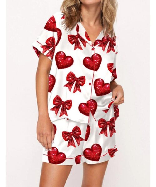 Glitter Heart Valentine Satin Pajama Set For Women