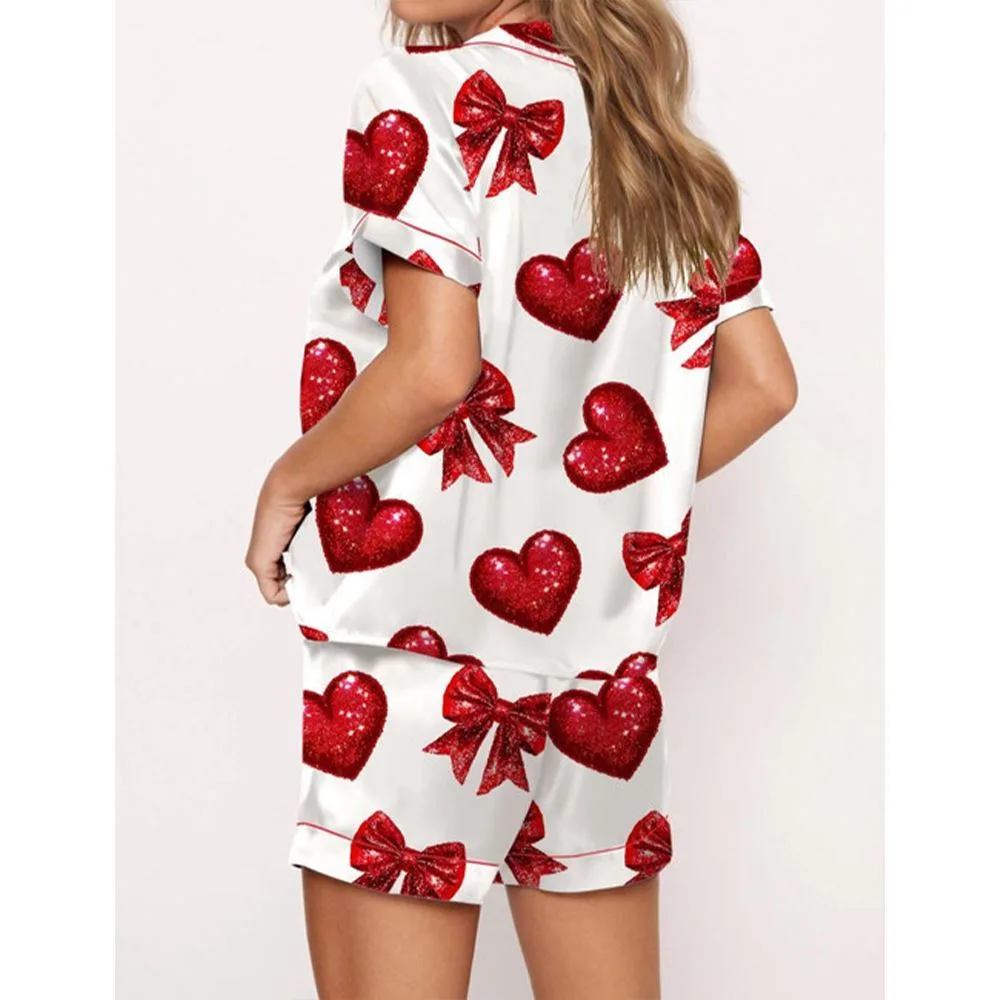 Glitter Heart Valentine Satin Pajama Set For Women - Image 2