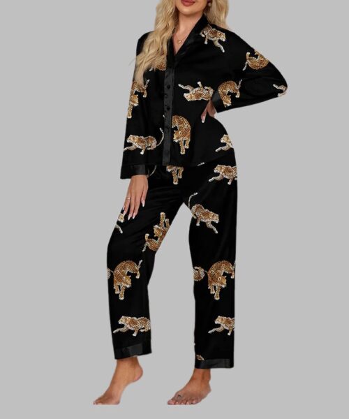 Gold Leopard Black Long Sleeve Pajama Set