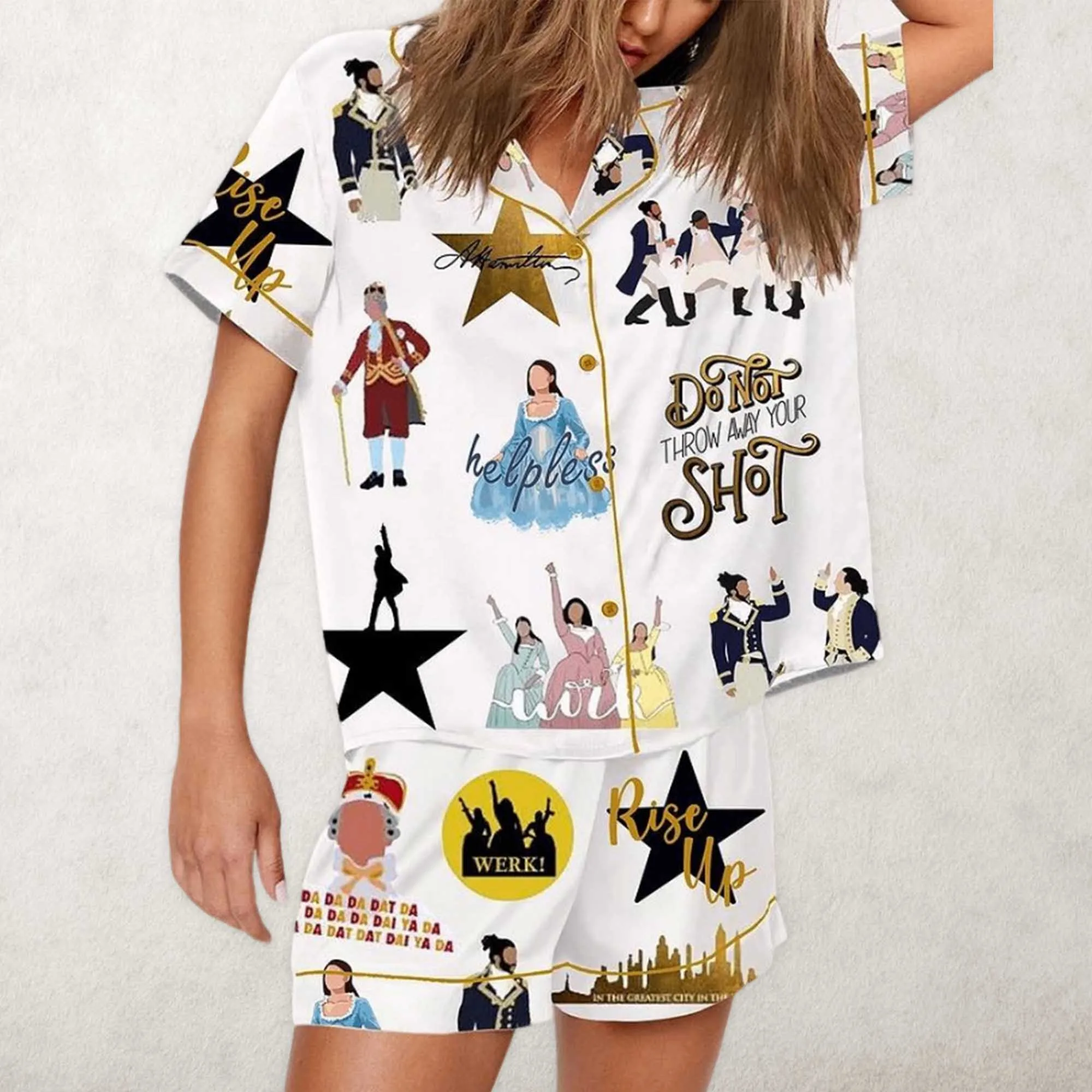 Hamilton The Musical Inspired Tour Print Satin Pajama Set For Women - Image 2