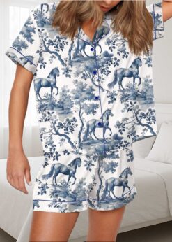 Horse Toile Silky Satin Pajama Set For Women