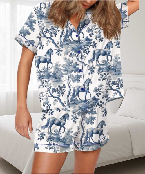 Horse Toile Silky Satin Pajama Set For Women