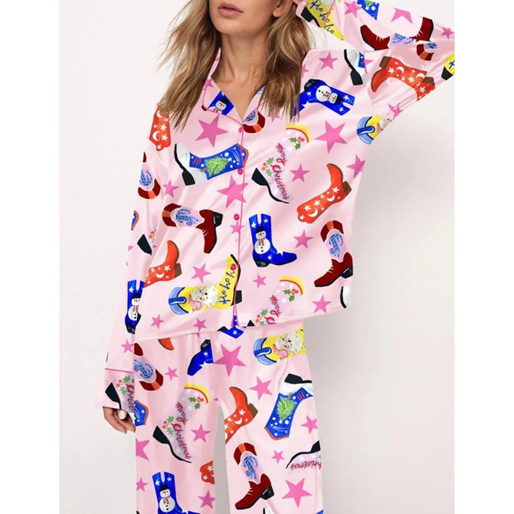 Howdy Holidays Cowboy Boot Satin Pajama Set For Women