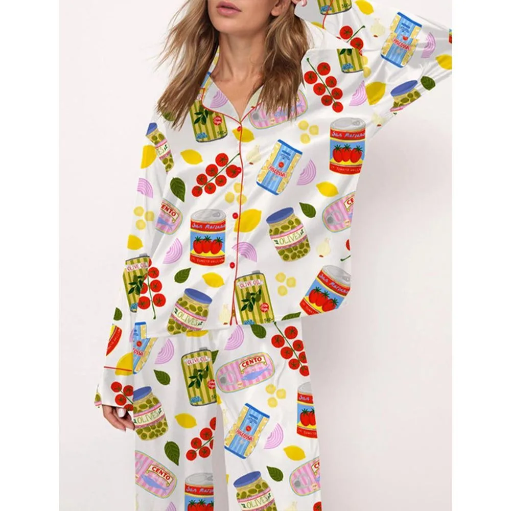 Italian Food Satin Pajama Set For Women - Image 2