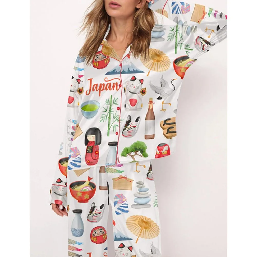 Japan Travel Satin Pajama Set For Women - Image 3