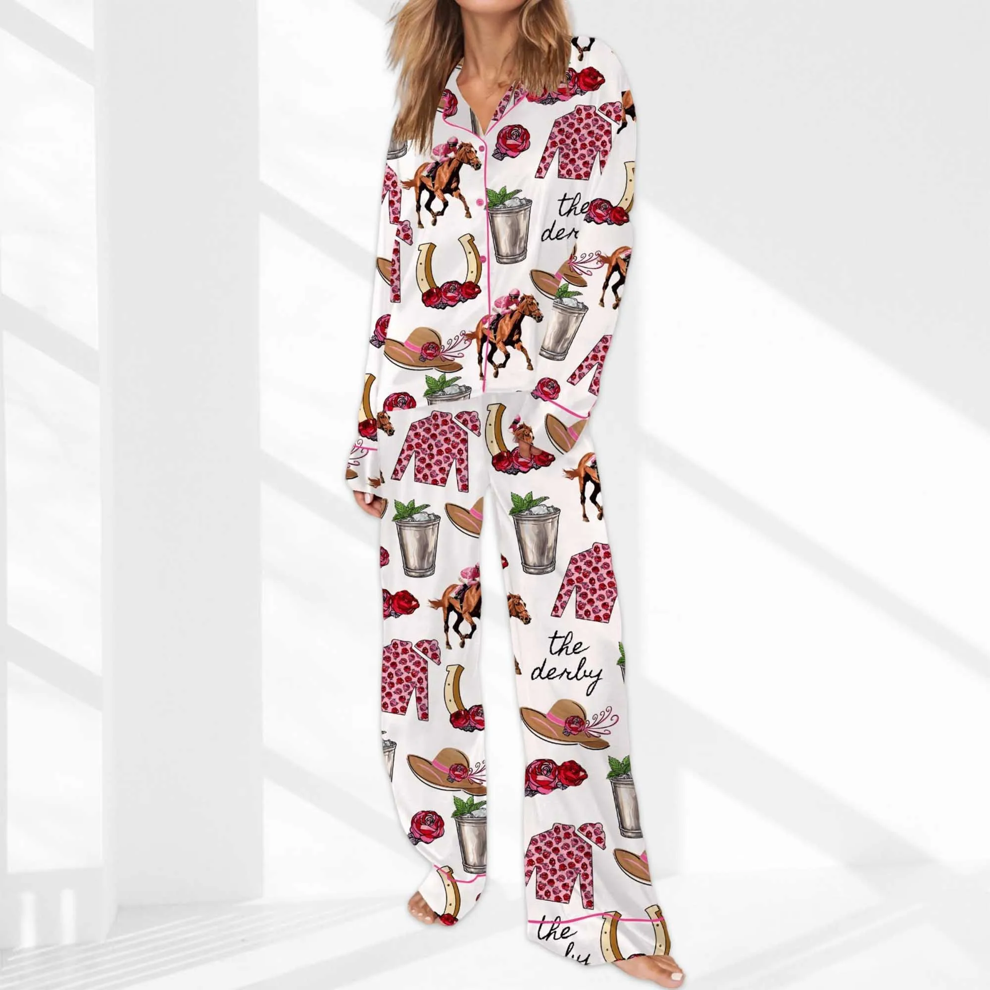 Kentucky Derby Party Satin Pajama Set For Women - Image 2