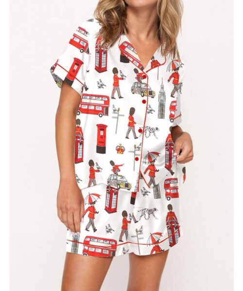 London Print Satin Pajama Set For Women