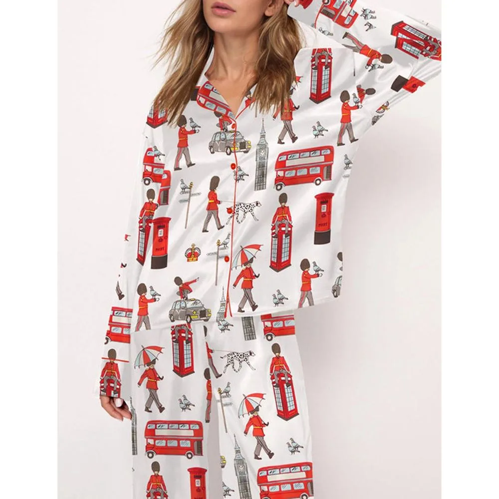 London Print Satin Pajama Set For Women - Image 2