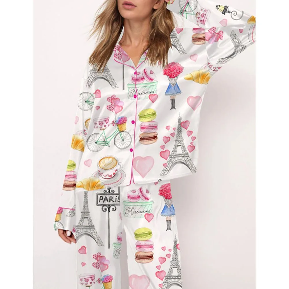 Love In Paris Satin Pajama Set For Women - Image 2