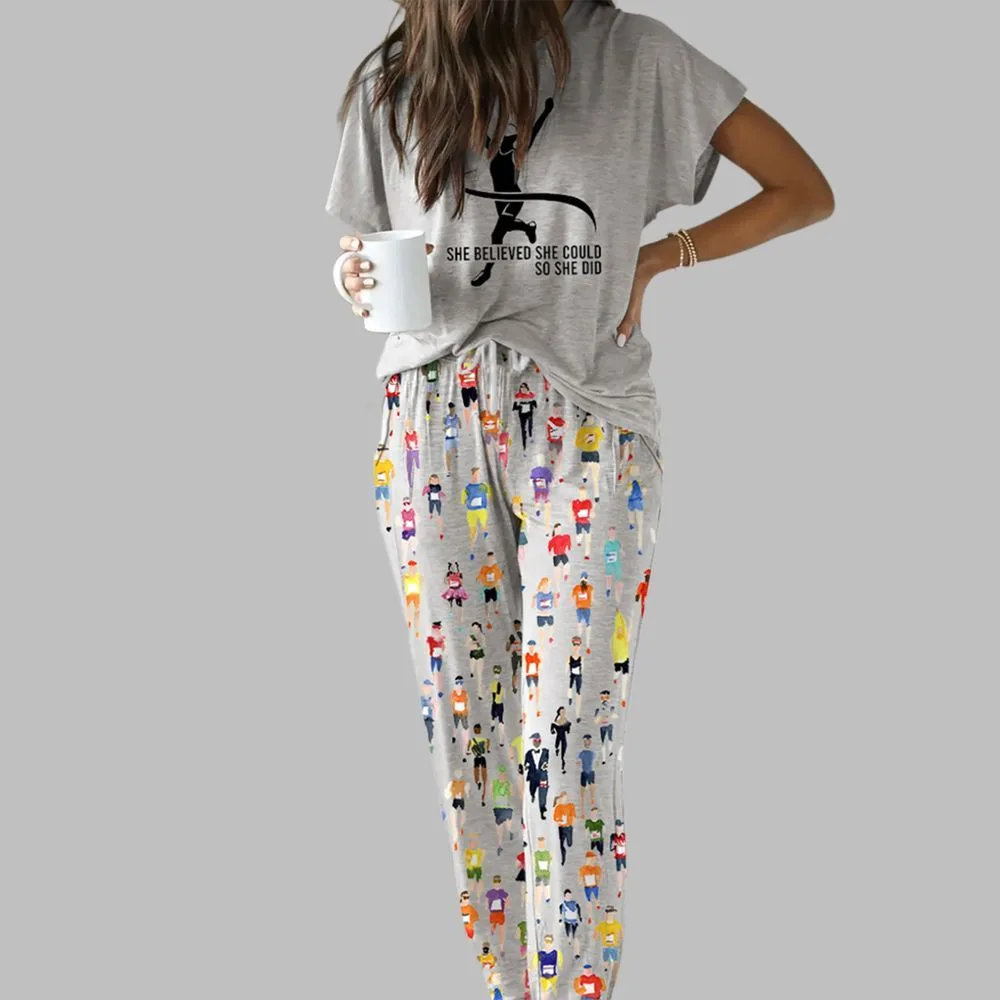 Marathon Runner Watercolor Casual Pajama Set For Women - Image 2