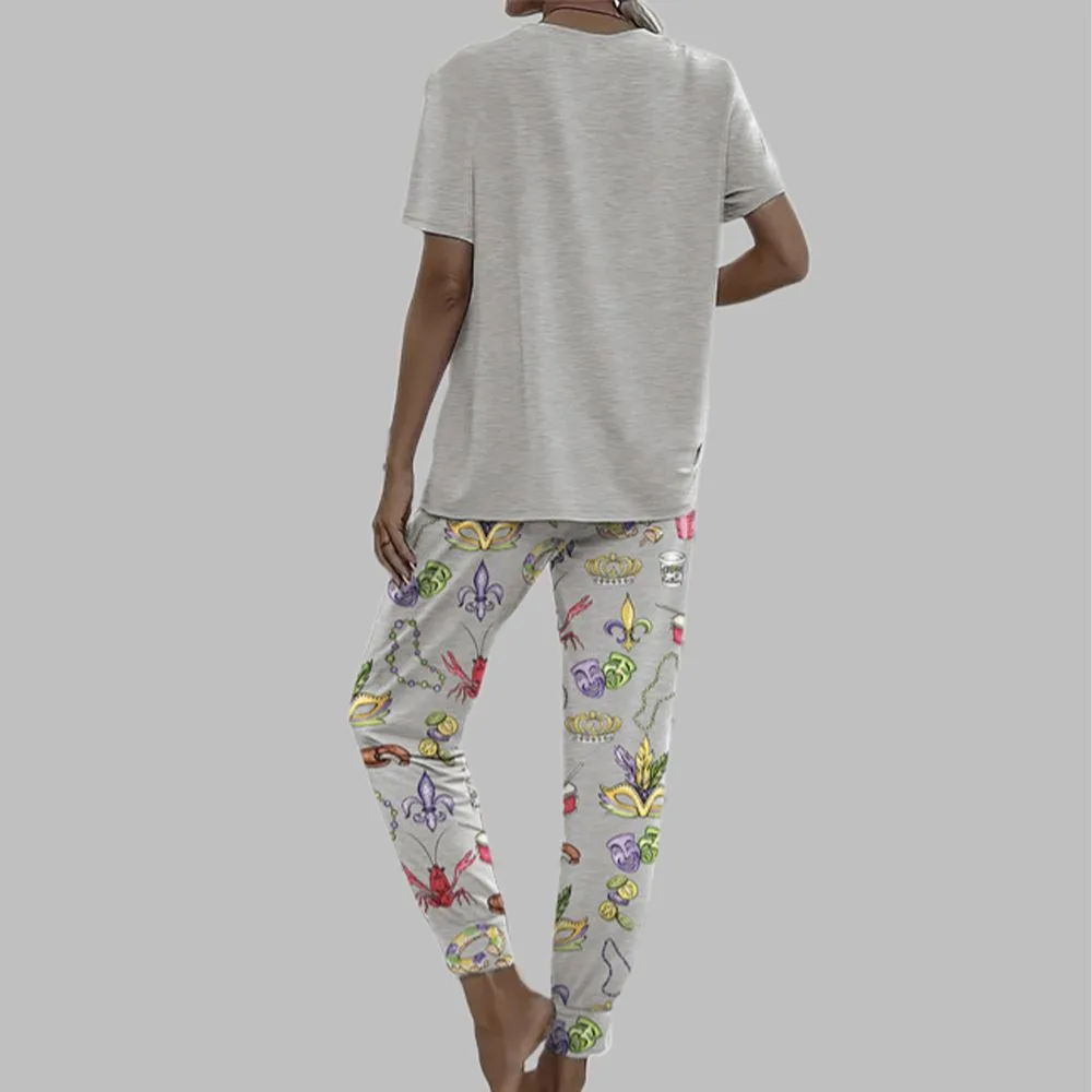 Mardi Gras Beads King Cake Casual Pajama Set For Women - Image 2