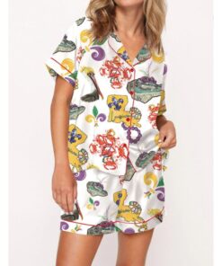Mardi Gras Beads Pelican Crab Alligator Satin Pajama Set For Women