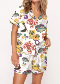 Mardi Gras Beads Pelican Crab Alligator Satin Pajama Set For Women