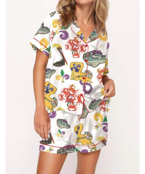 Mardi Gras Beads Pelican Crab Alligator Satin Pajama Set For Women
