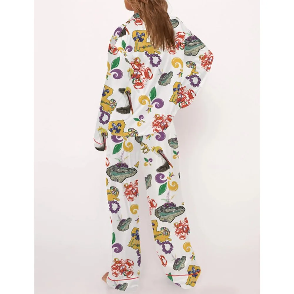 Mardi Gras Beads Pelican Crab Alligator Satin Pajama Set For Women - Image 3