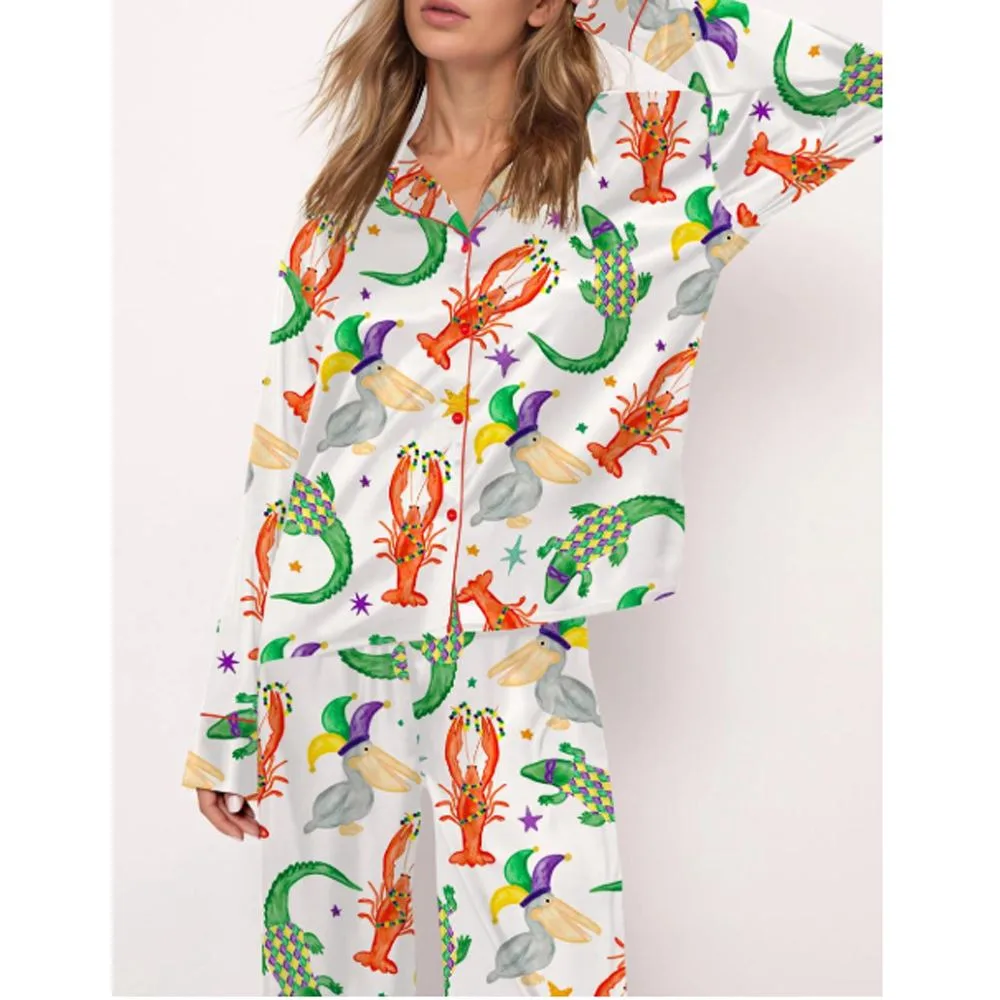Mardi Gras Cajun Animal Trio Satin Pajama Set For Women - Image 2