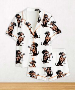 Martini Cocktail Lover Dachshund Cocktail Weenies Short Sleeve Satin Pajama Set For Women
