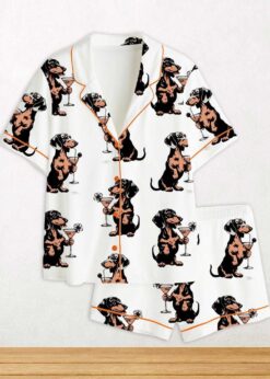 Martini Cocktail Lover Dachshund Cocktail Weenies Short Sleeve Satin Pajama Set For Women