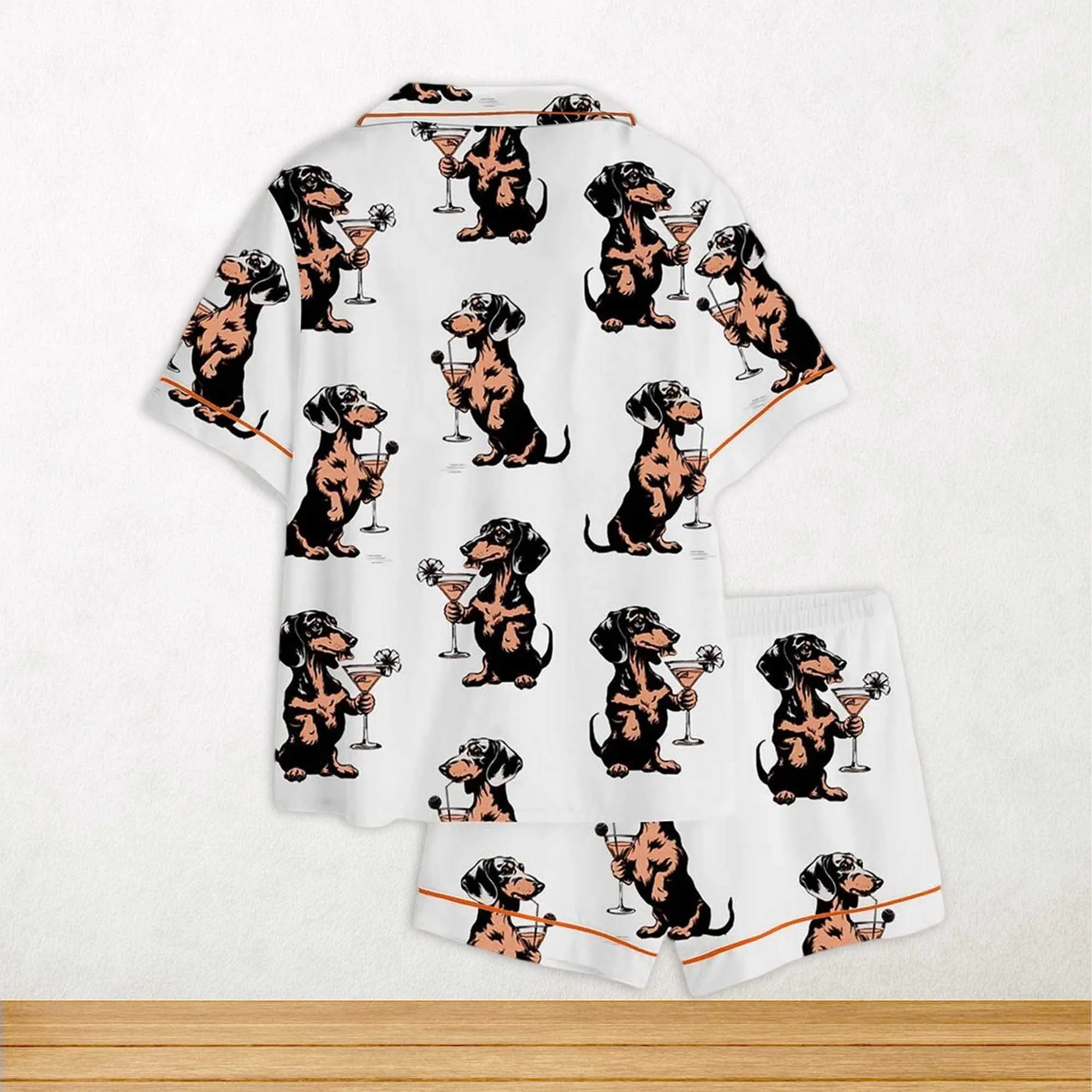 Martini Cocktail Lover Dachshund Cocktail Weenies Short Sleeve Satin Pajama Set For Women - Image 2