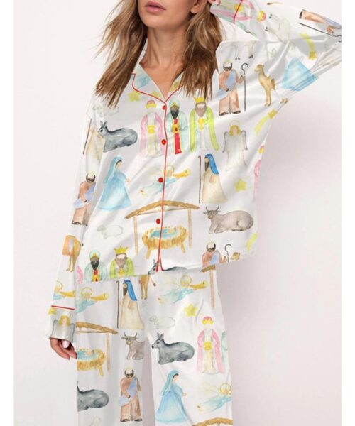 Nativity Christmas Watercolor Satin Pajama Set For Women