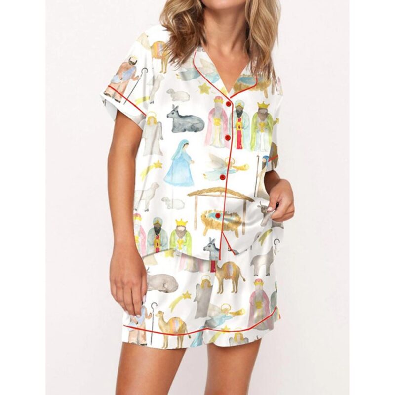 Nativity Christmas Watercolor Satin Pajama Set For Women - Image 2