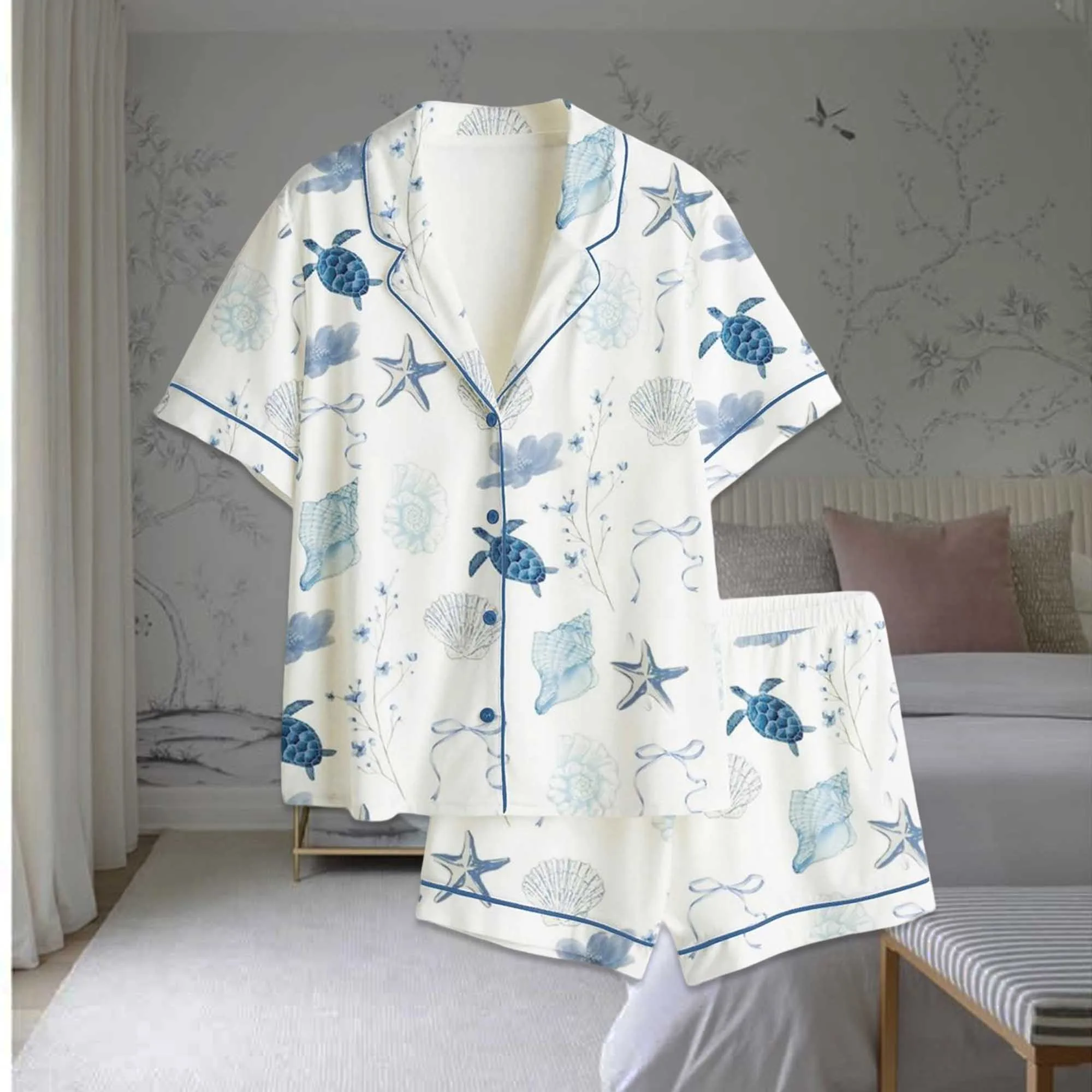 Nautical Turtle Conch Bow Satin Pajama Set