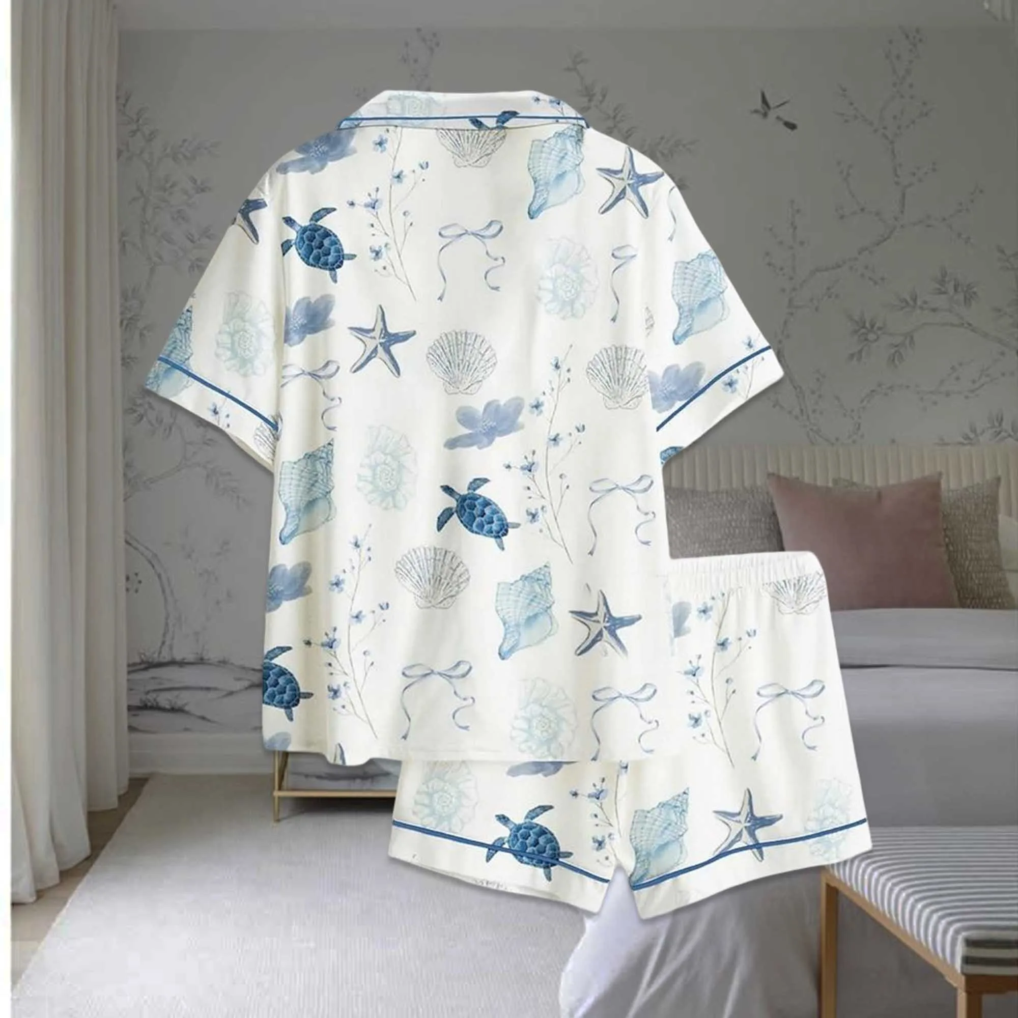Nautical Turtle Conch Bow Satin Pajama Set - Image 2
