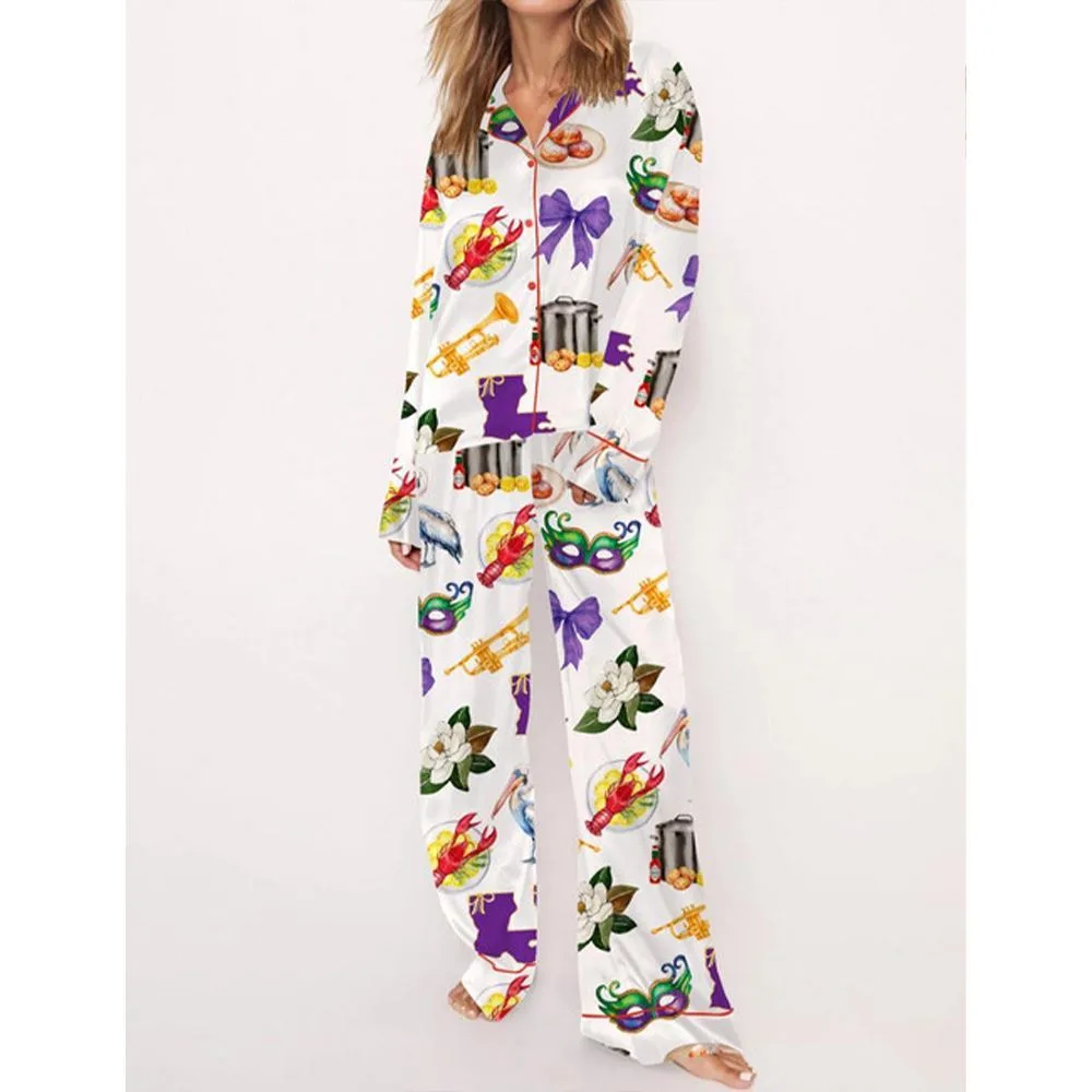 New Orleans Mardi Gras Satin Pajama Set For Women - Image 3