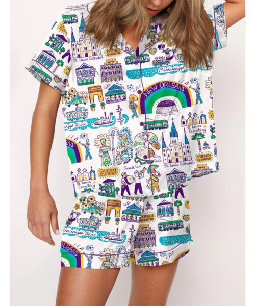 New Orleans Mardi Gras Travel Satin Pajama Set For Women