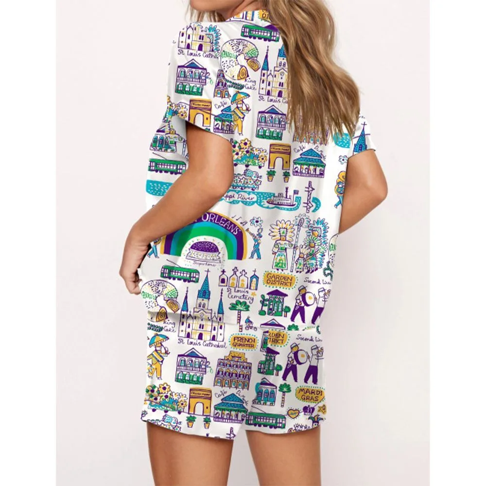 New Orleans Mardi Gras Travel Satin Pajama Set For Women - Image 2