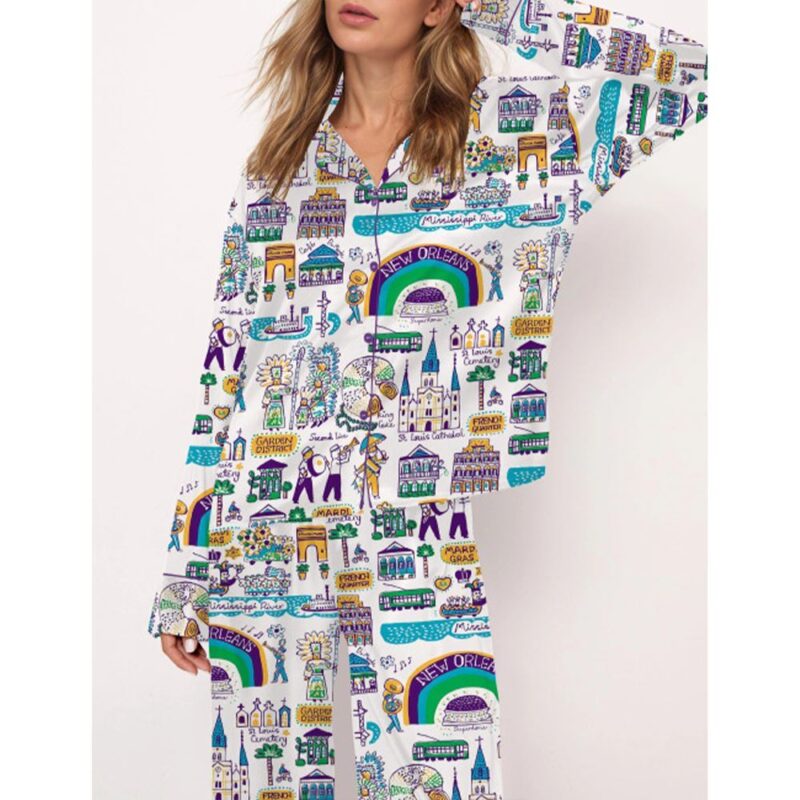 New Orleans Mardi Gras Travel Satin Pajama Set For Women - Image 3
