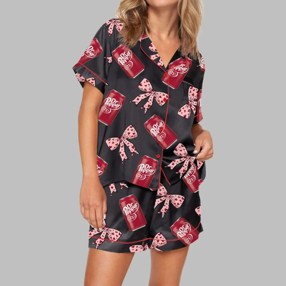Drink Pink Coquette Bow Satin Pajama Set For Women